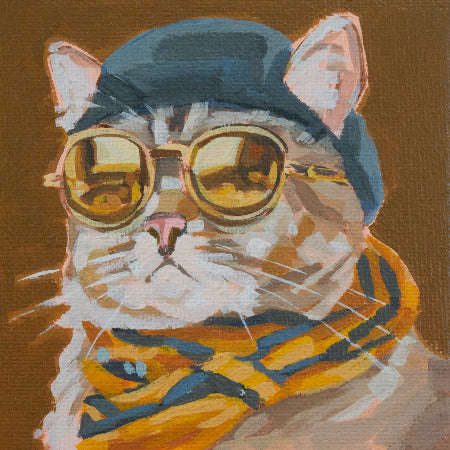 Stylized portrait of a cool cat wearing sunglasses and a scarf, exuding charming personality and style.