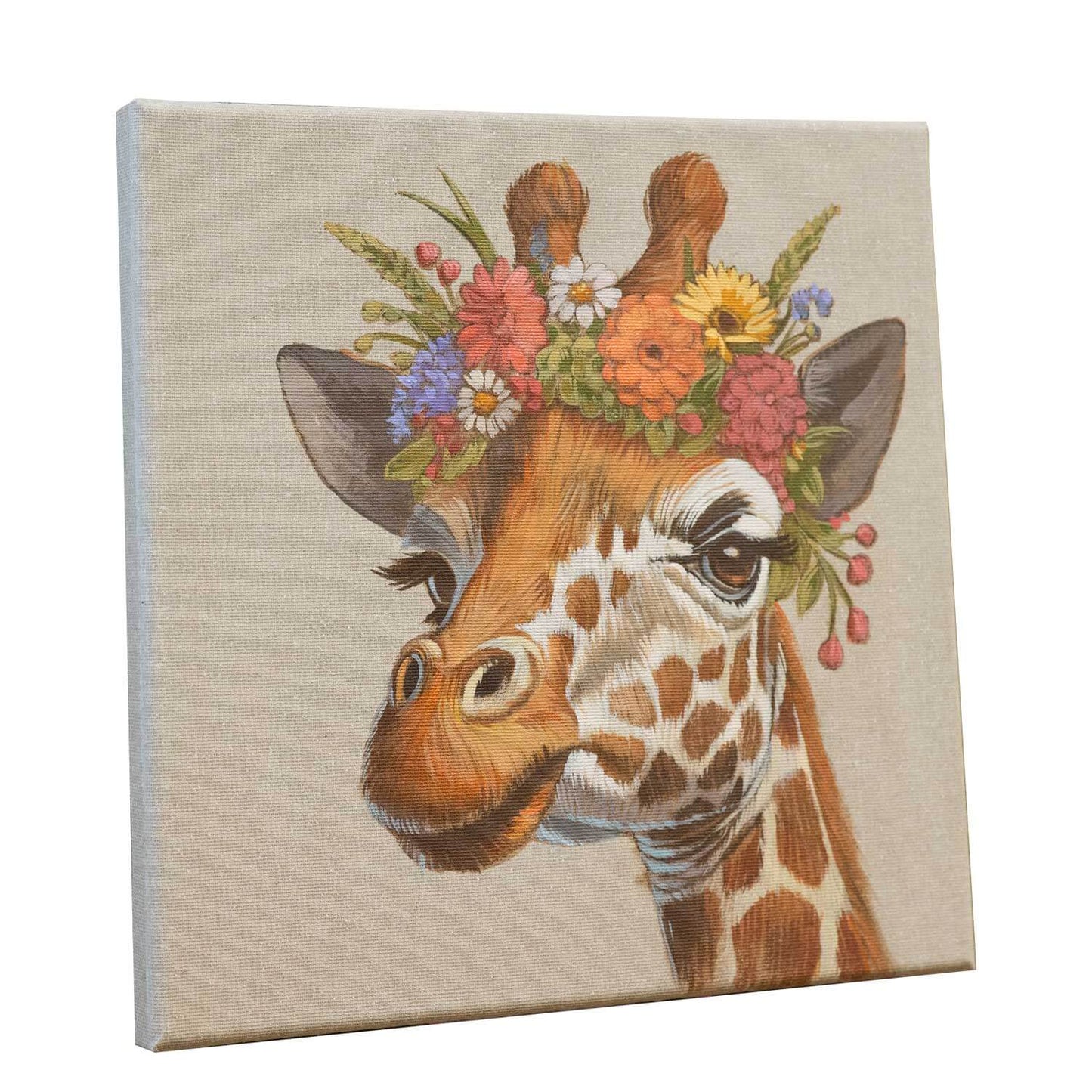 Handgemaltes Kunstwerk einer Giraffe mit Blumenkranz auf Leinwand, 30x30 cm, farbenfrohes Tierporträt.