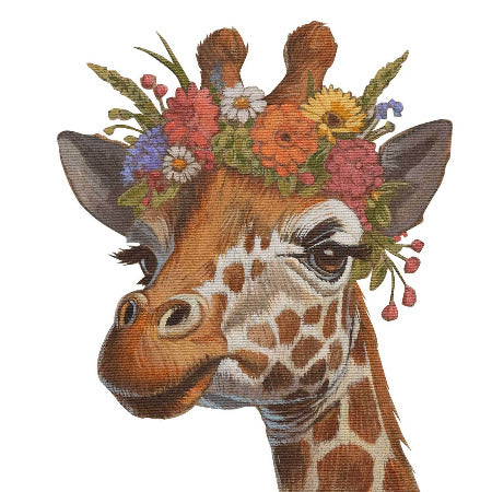 Blumenkind Giraffe print featuring a giraffe adorned with colorful flowers, on eco-friendly nature-white paper.