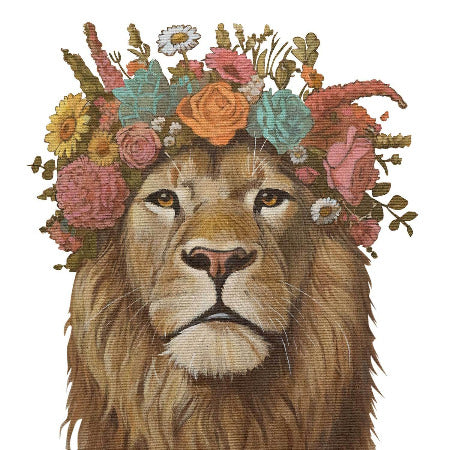 Print of a lion adorned with colorful flowers, showcasing a vibrant artistic design on eco-friendly paper.
