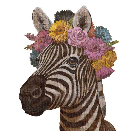 Blumenkind Zebra print featuring a zebra adorned with a colorful floral crown on eco-friendly paper.