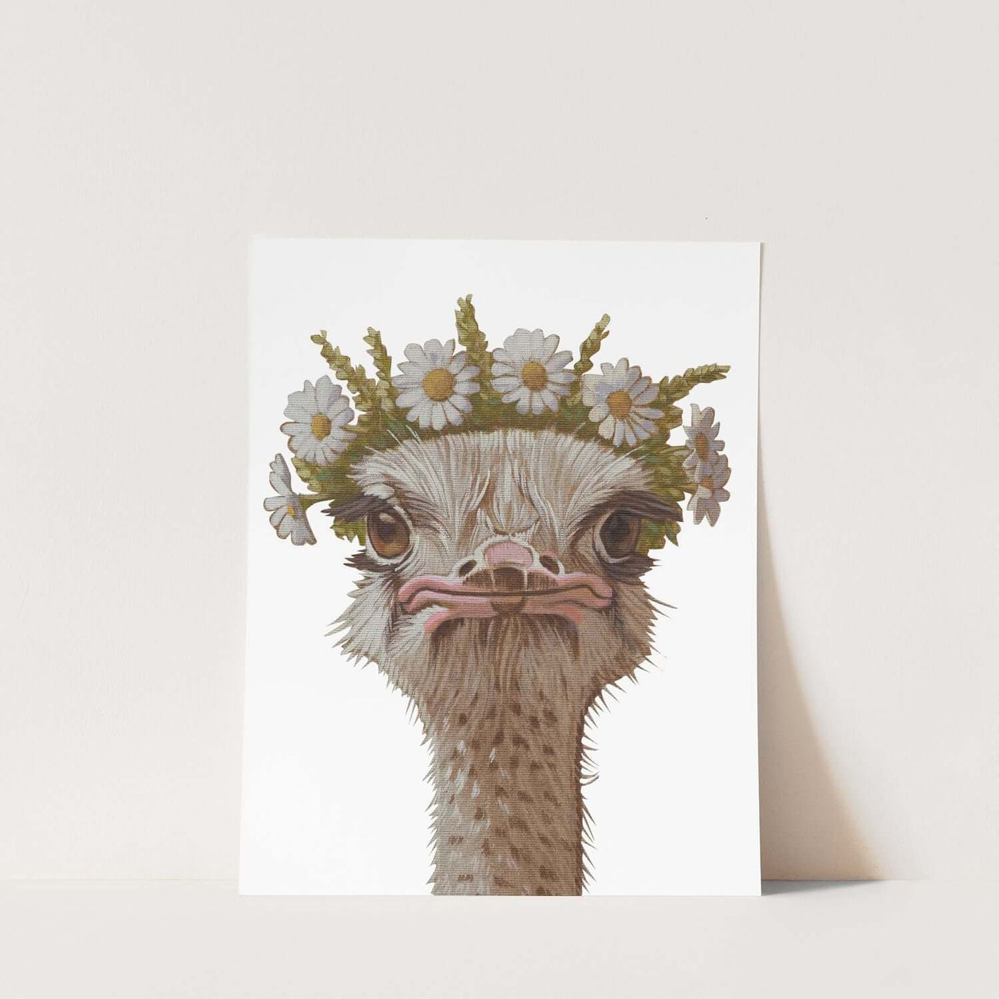 Print of a whimsical Nandu bird adorned with a floral crown on eco-friendly paper.