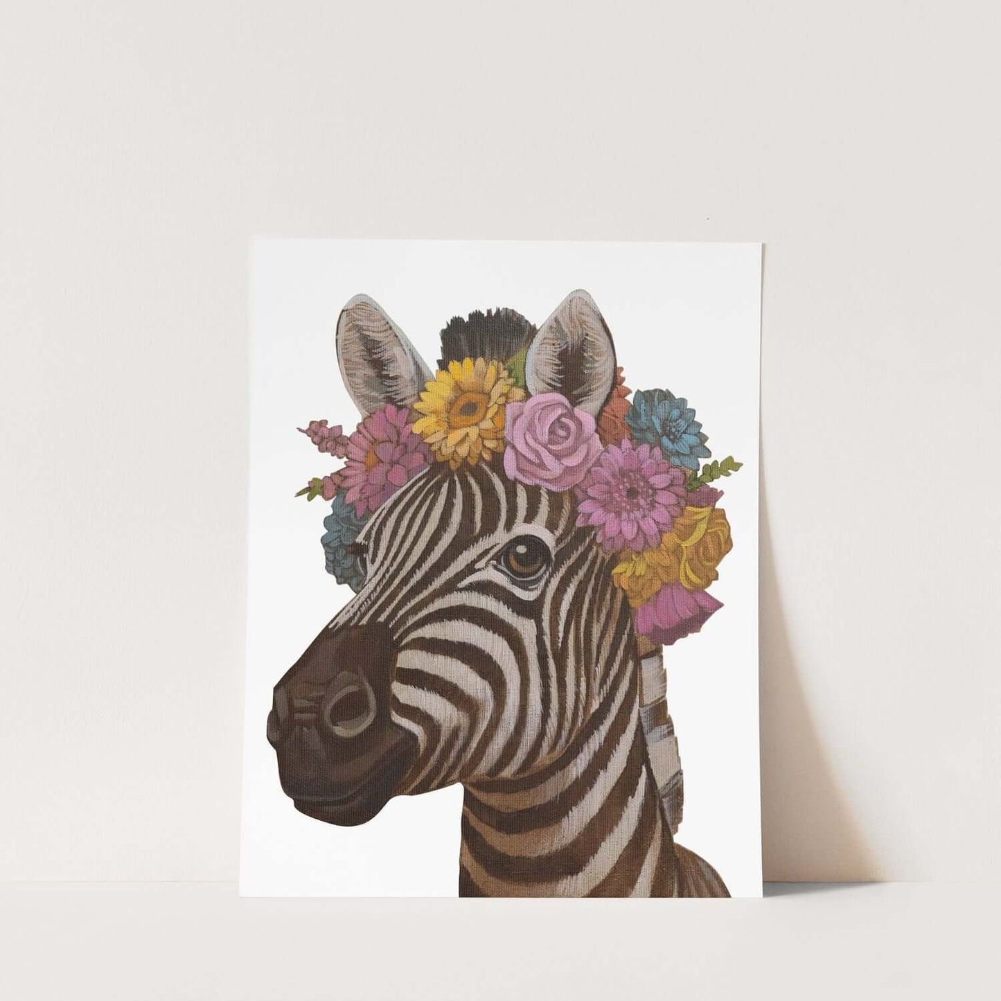 Blumenkind Zebra print featuring a zebra adorned with colorful flowers on natural white paper.