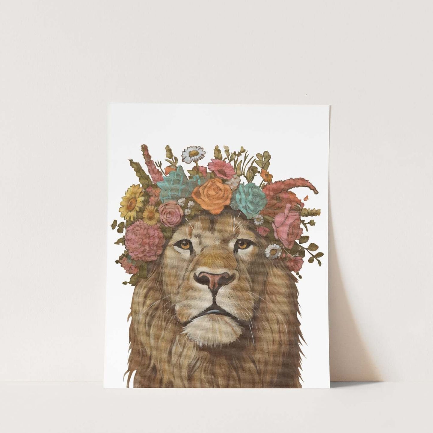 Art print of a lion wearing a floral crown on eco-friendly paper, 20x20 cm and 25x30 cm sizes available.