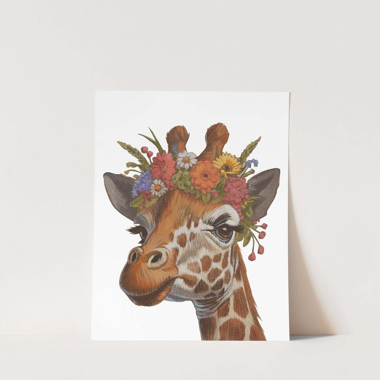 Blumenkind Giraffe print on eco-friendly paper, available in 20x20 cm and 25x30 cm formats.