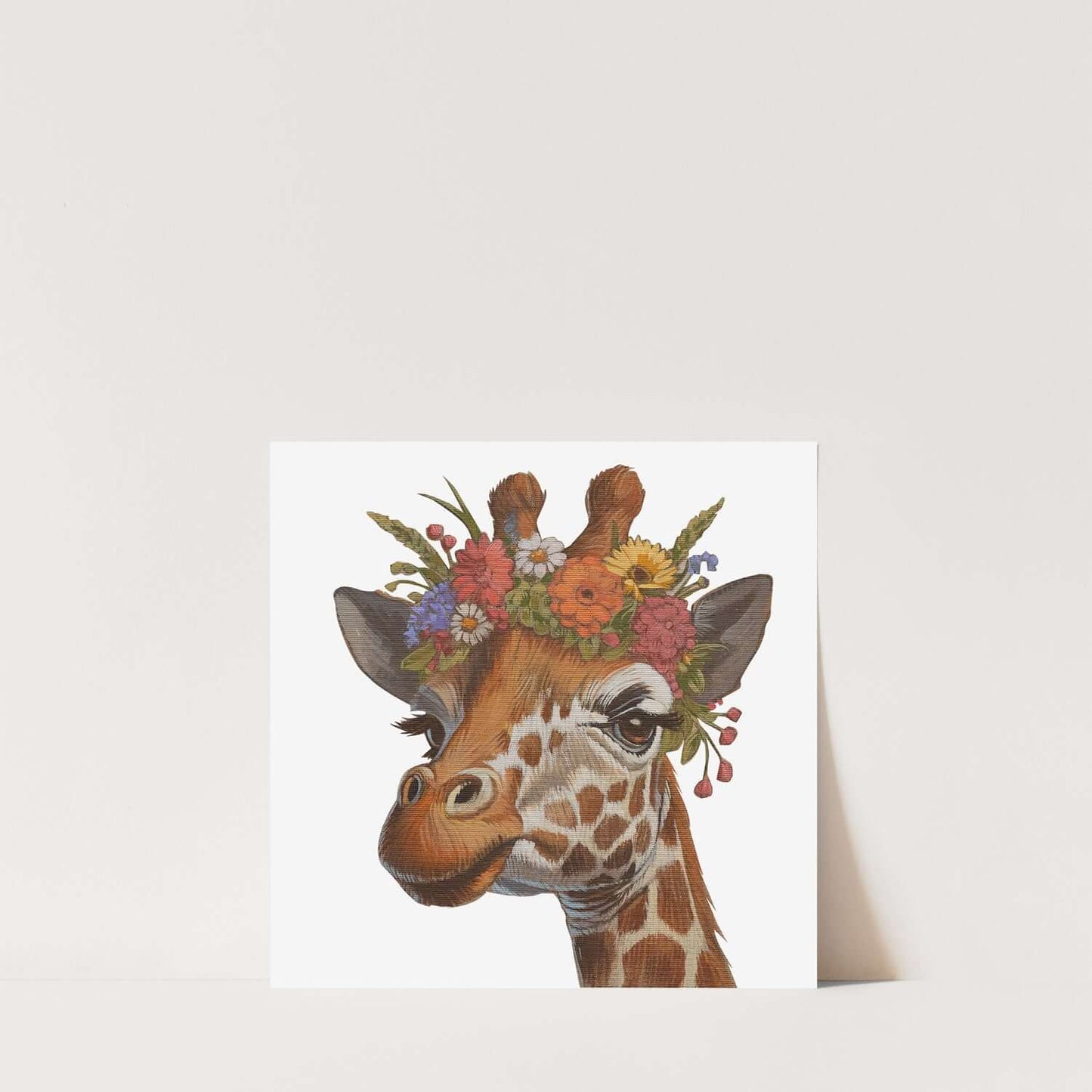 Blumenkind Giraffe print on eco-friendly paper, 20x20 cm, featuring a giraffe with a floral crown.