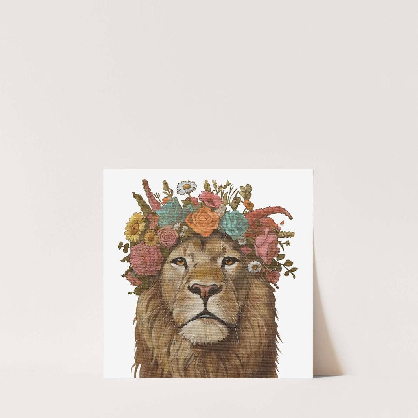 Art print of a lion with a floral crown on natural white paper, 20 x 20 cm format.