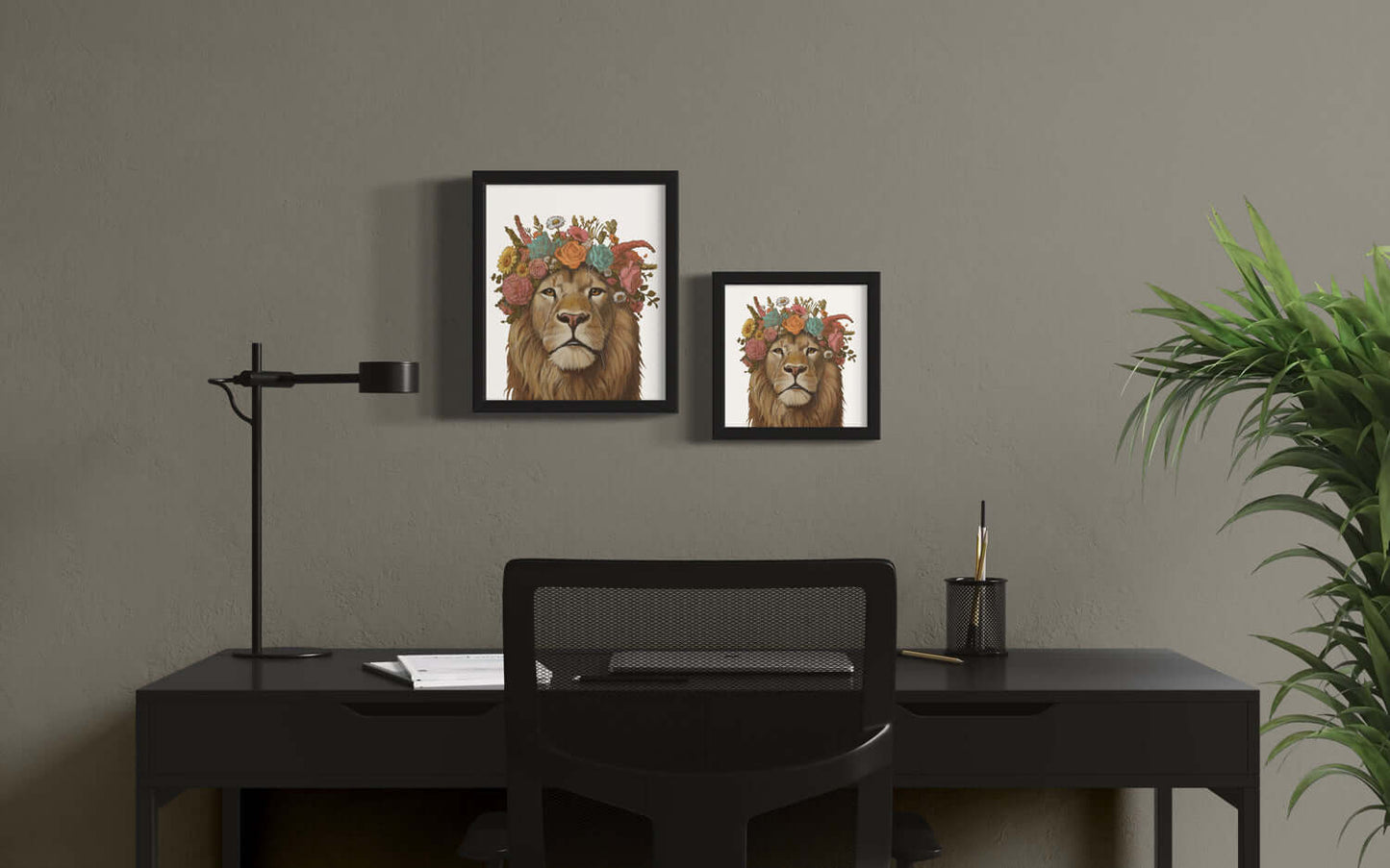 Print of a lion with flowers, available in two sizes, showcased in a stylish office setting.
