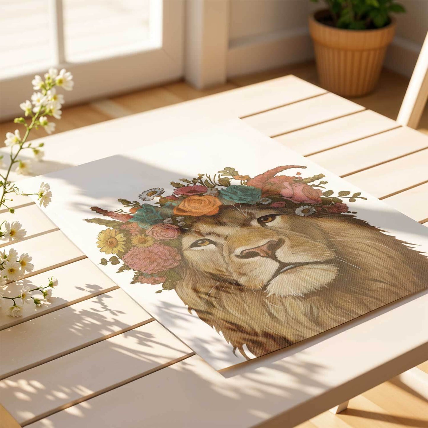 Print of a lion with a floral crown on eco-friendly natural white paper, displayed on a wooden table.
