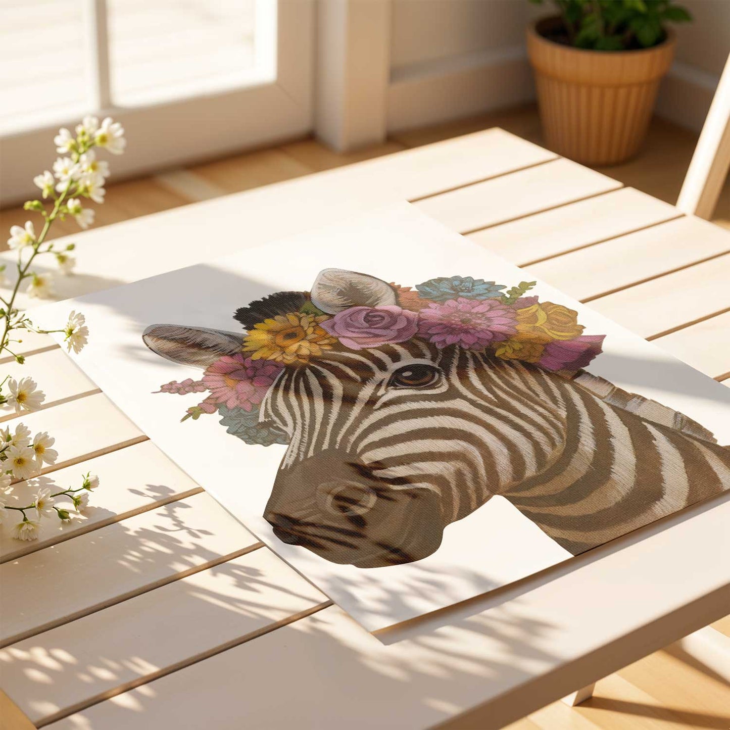 Zebra print with floral crown on eco-friendly paper, showcased on a wooden table in a bright setting.