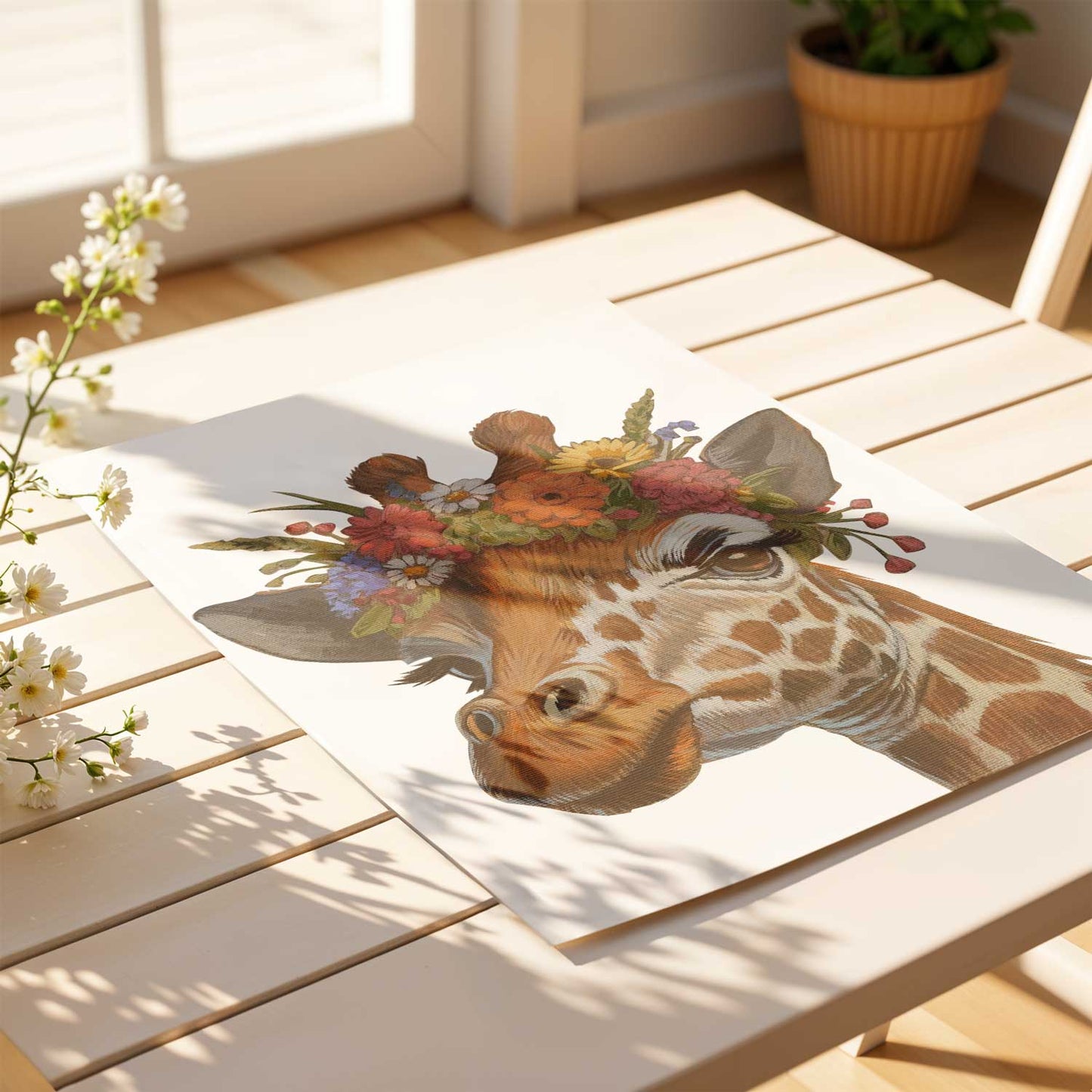 Blumenkind Giraffe print on eco-friendly paper, featuring colorful floral design, on a wooden table.