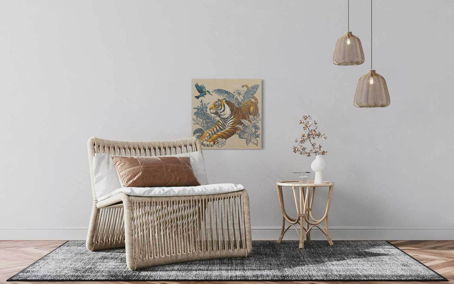 A cozy living room featuring a hand-painted acrylic artwork of a tiger, styled in elegant boho decor.