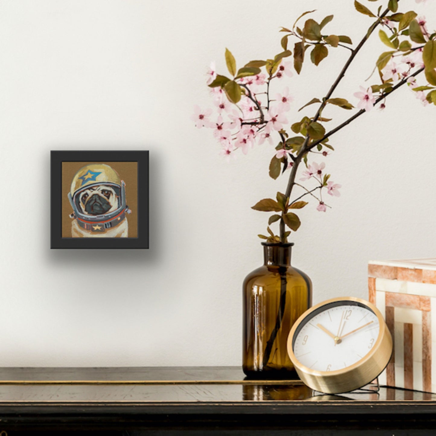 Pocket Art, Fine Art Print on handmade paper in frame, 10 x 10 cm, Rocket Mops