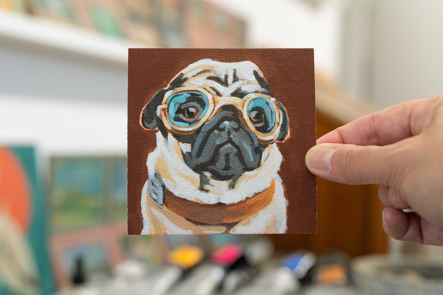 Pocket Art, Fine Art Print on handmade paper in frame, 10 x 10 cm, Fashion Pug 2
