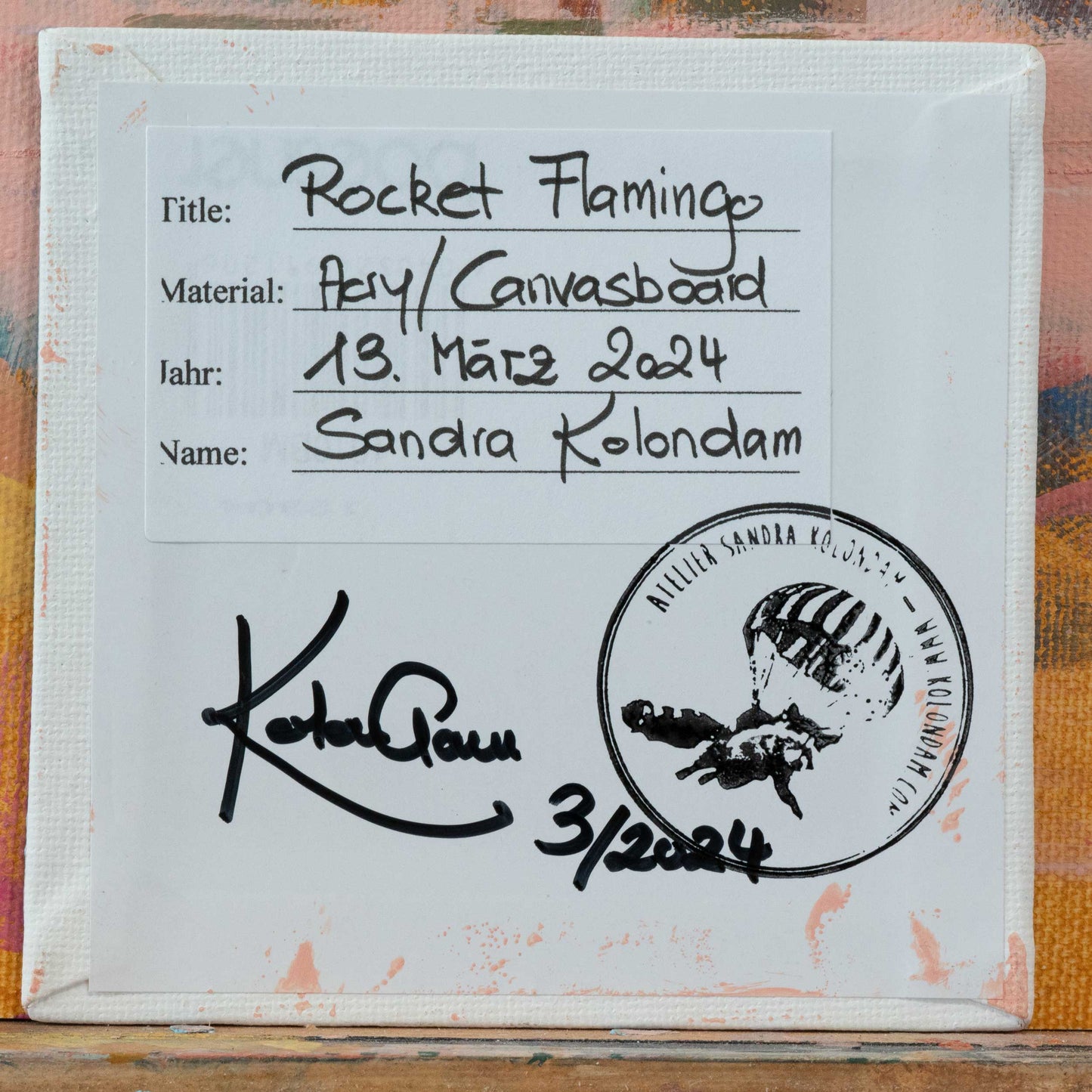Rocket Flamingo, unique piece, acrylic paint on a canvas board, 10 x 10 cm