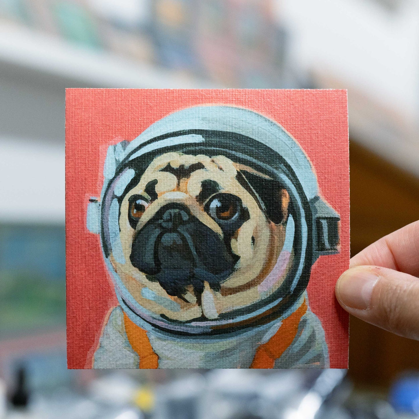 Pocket Art, Fine Art Print on handmade paper in frame, 10 x 10 cm, Space Hero