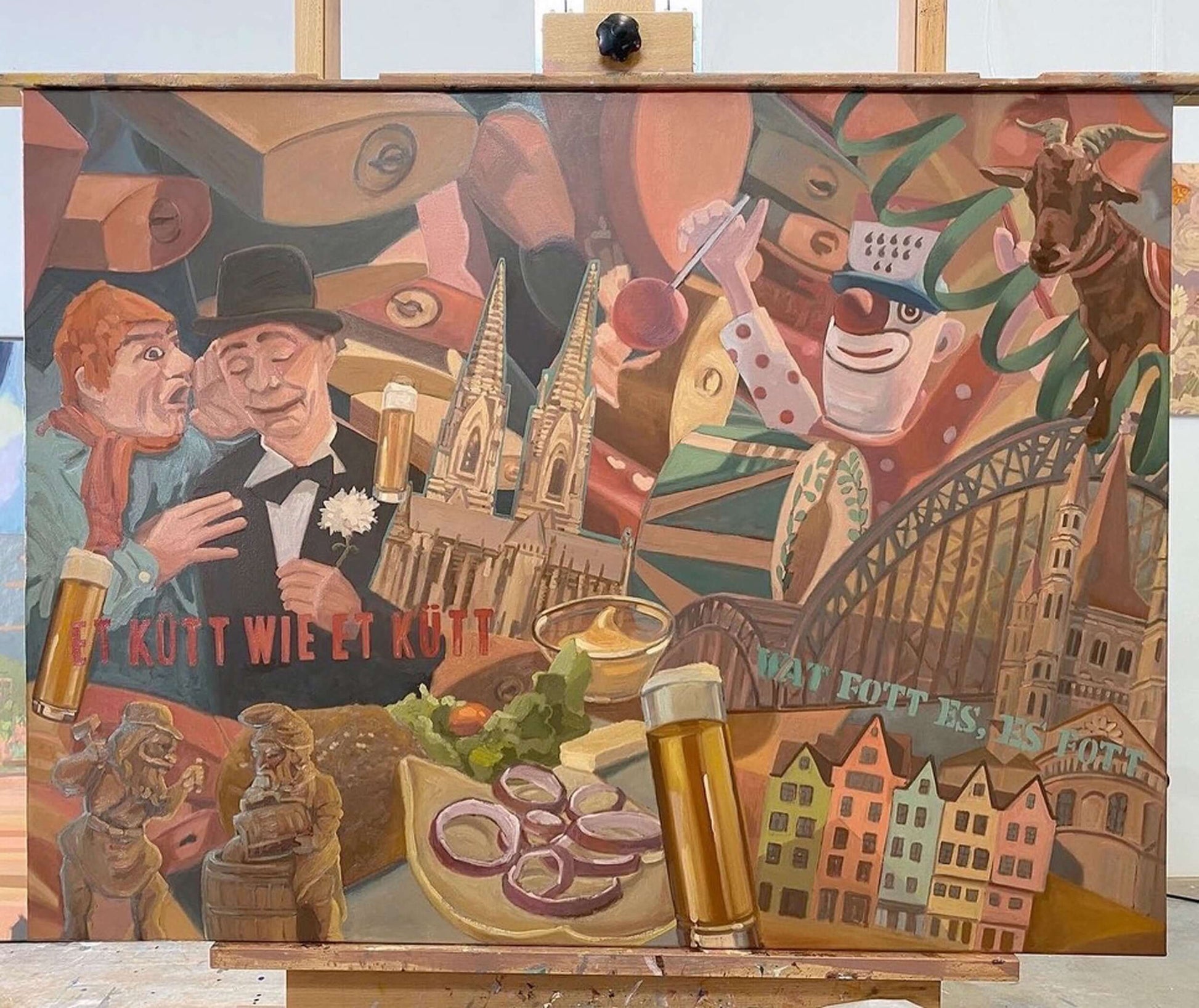 Original Ölgemälde von Köln mit Dom, Clown und rheinischer Lebensfreude in lebhaften Farben.