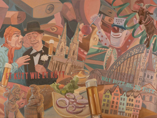 Original Ölgemälde Kölle Alaaf, 120x90 cm, mit rheinischer Lebensfreude und ikonischen Figuren.