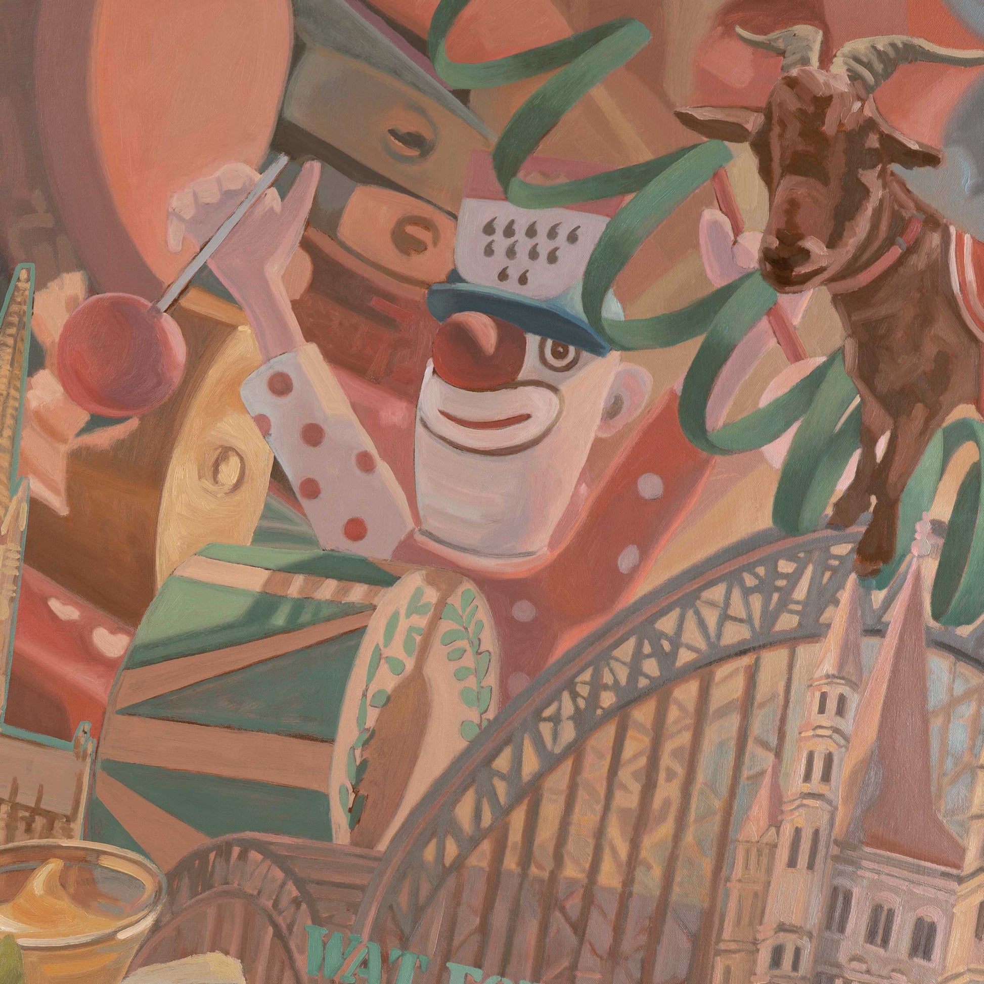 Colorful painting featuring a clown, goat, and iconic Cologne landmarks, capturing the festive spirit of Kölle Alaaf.