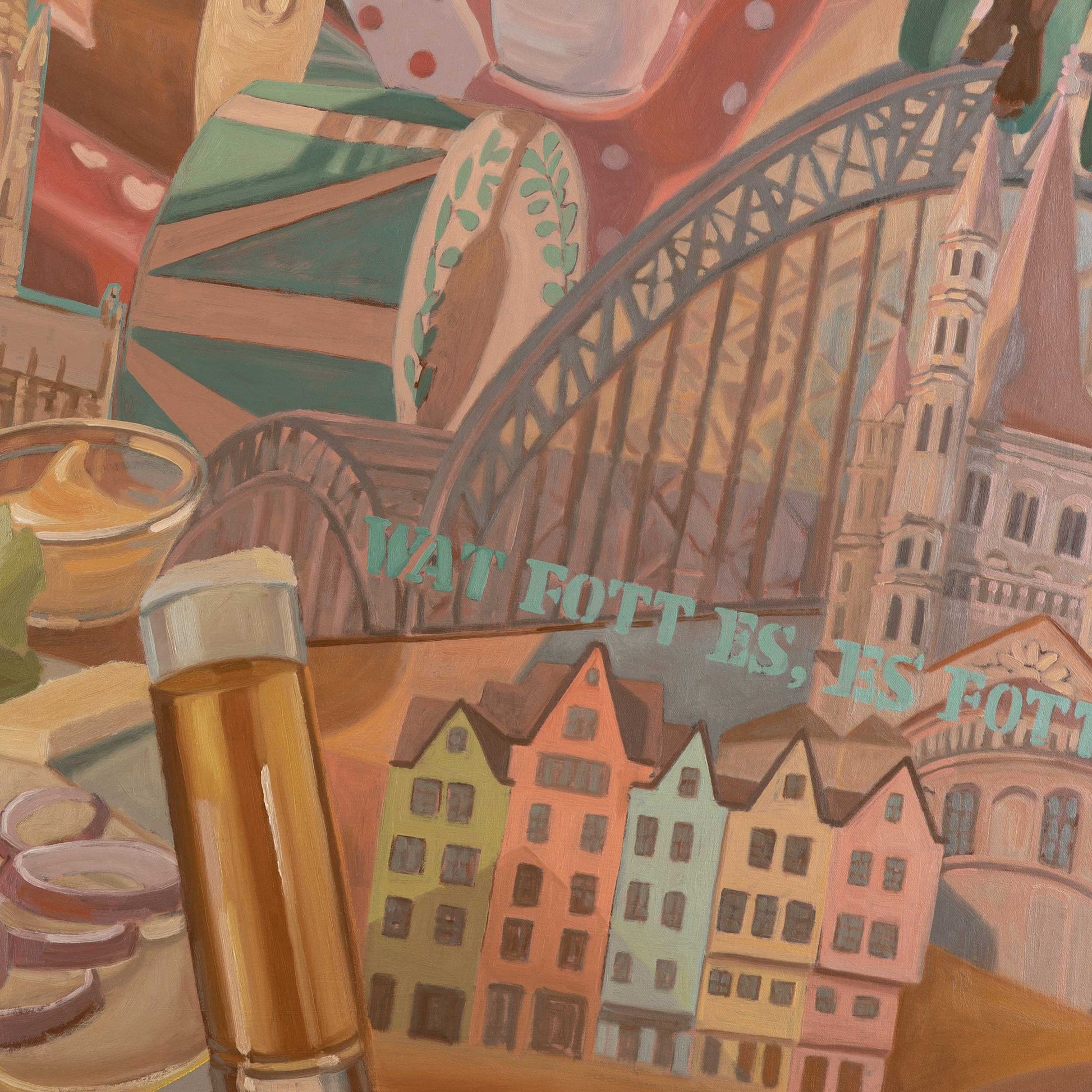 Original oil painting depicting Cologne's skyline, colorful houses, beer, and Fairground Art inspired elements.