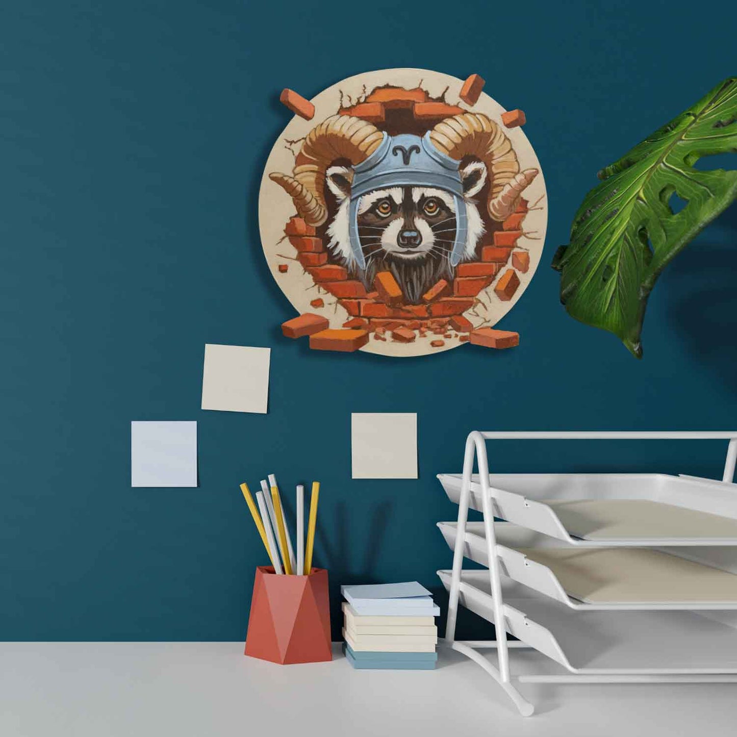 Handgemaltes Schild des Sternzeichens Widder mit einem Waschbär, dekorativ an einer blauen Wand.