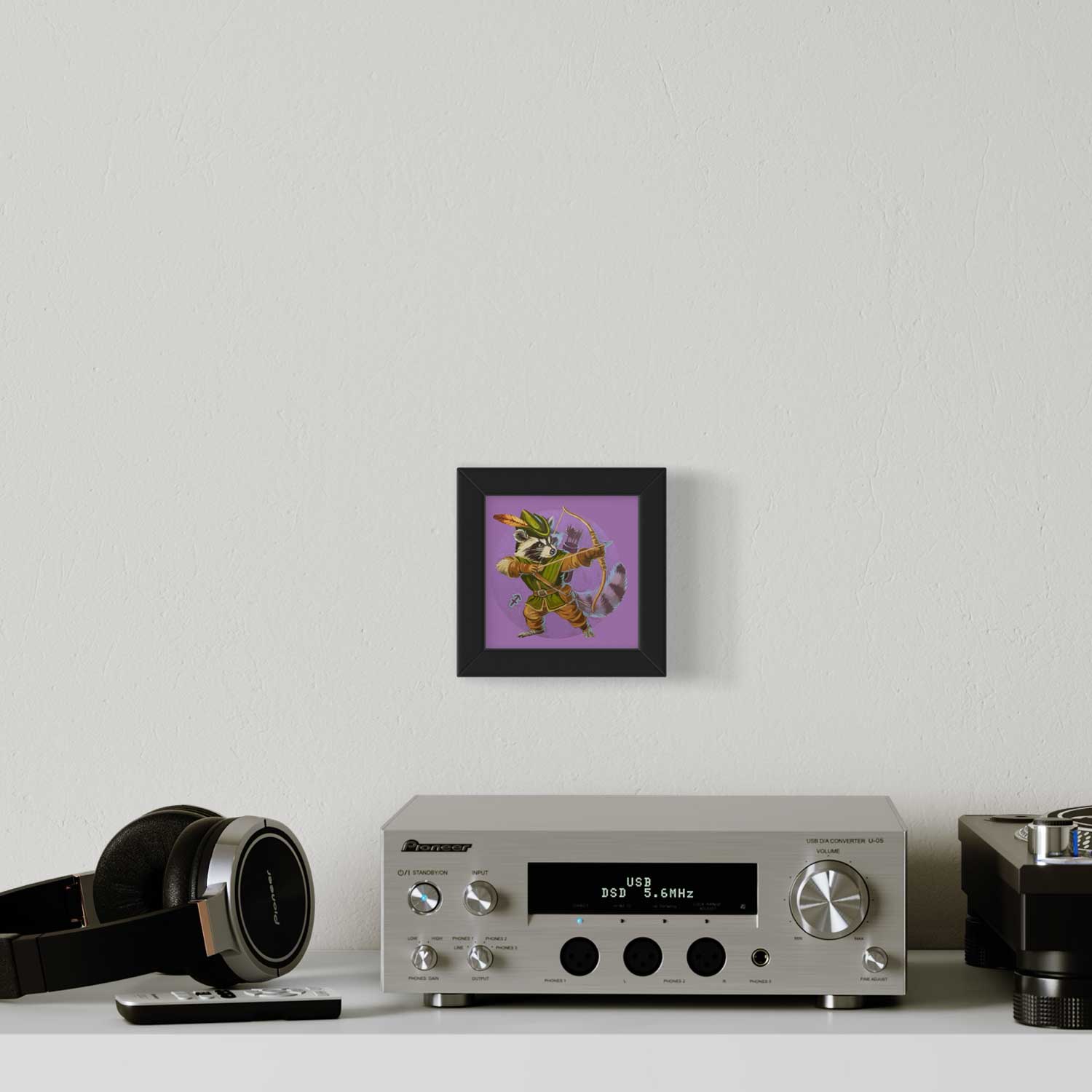 Cute framed Pocket Art print of a raccoon in a trendy wood frame, brightening up a modern decor space.