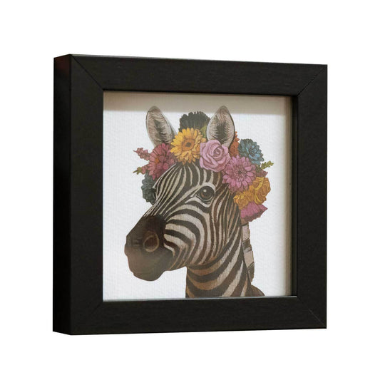 Zebra with floral crown in a black frame, fine art print on handmade paper, 10x10 cm, perfect for home decor.