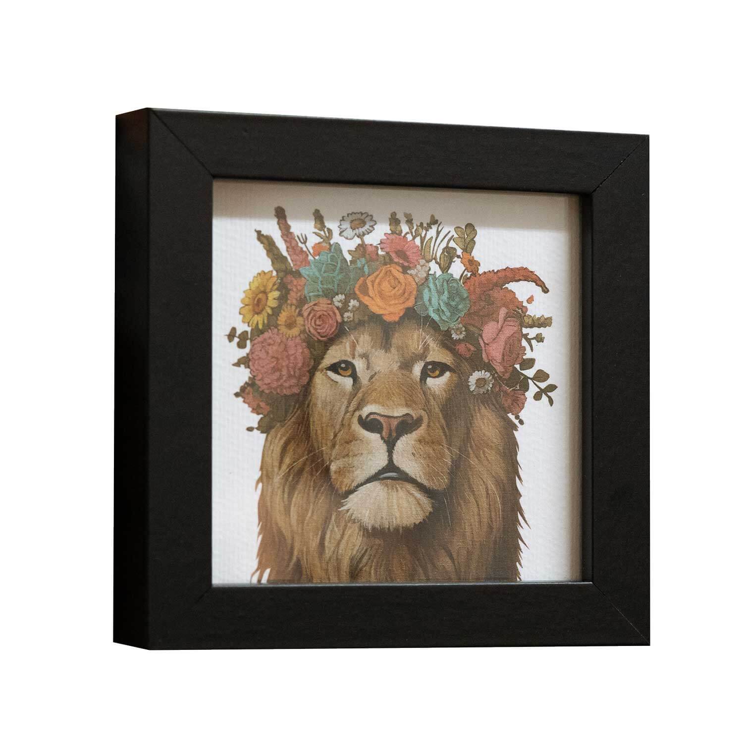 Framed fine art print of a lion with a floral crown, perfect for brightening up spaces.