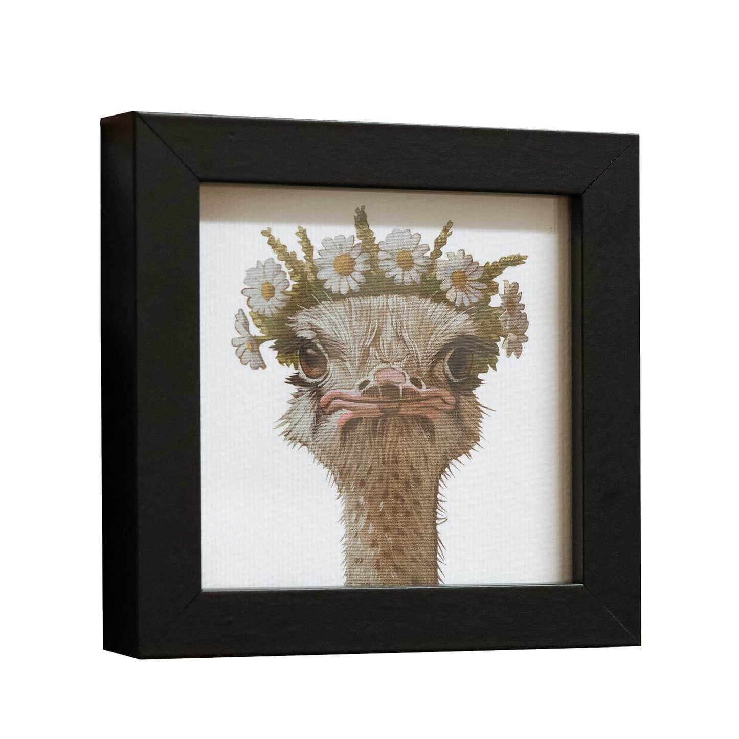 Fine art print of a Nandu with a flower crown in a stylish black frame, 10 x 10 cm.