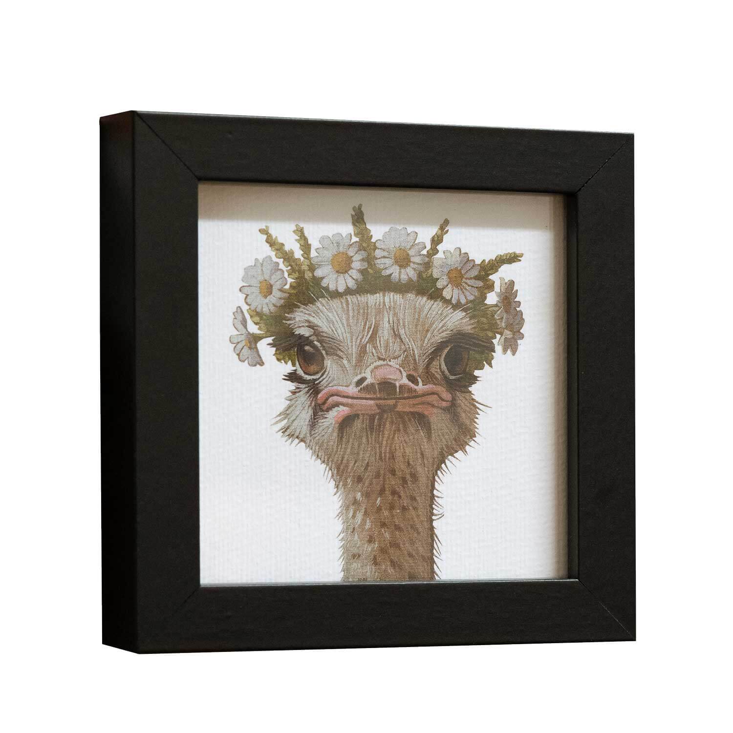 Fine art print of a Nandu with a flower crown in a stylish black frame, 10 x 10 cm.
