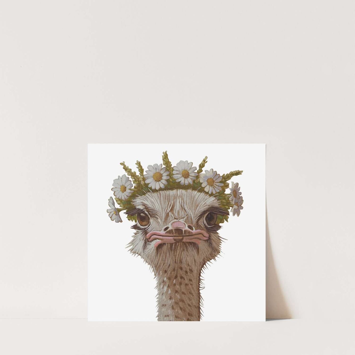 Blumenkind Nandu print featuring a charming ostrich with a flower crown on eco-friendly paper, 20 x 20 cm.