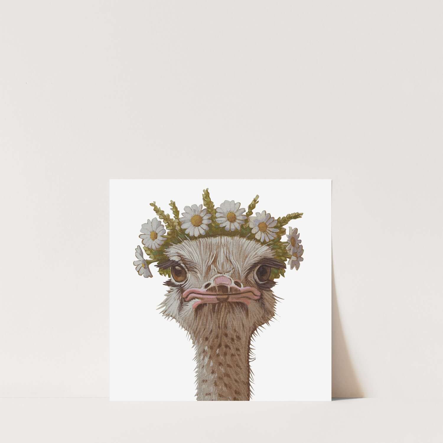 Blumenkind Nandu print featuring a charming ostrich with a flower crown on eco-friendly paper, 20 x 20 cm.