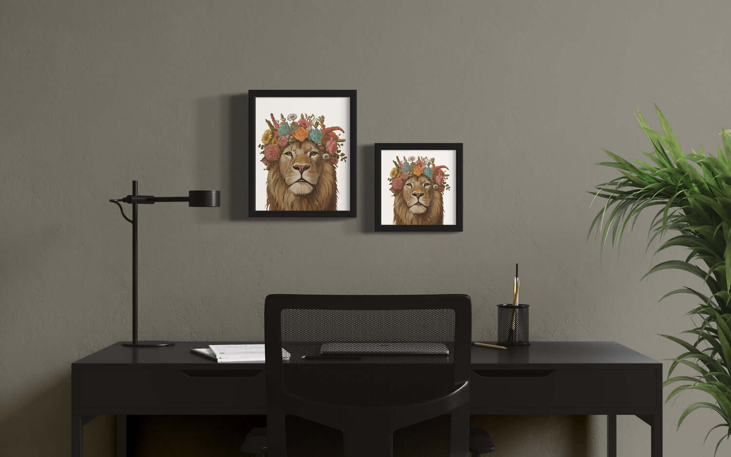 Print of a lion with flowers, available in two sizes, showcased in a stylish office setting.