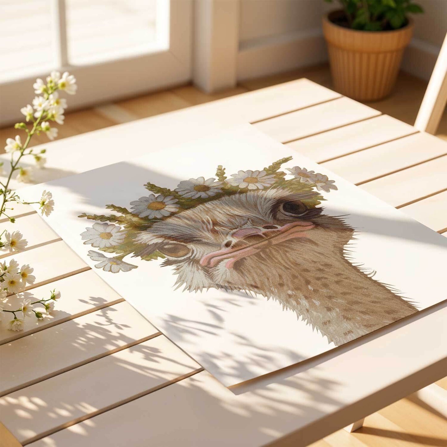 Blumenkind Nandu print featuring an ostrich with flower crown on eco-friendly paper, 20x20 cm and 25x30 cm options.