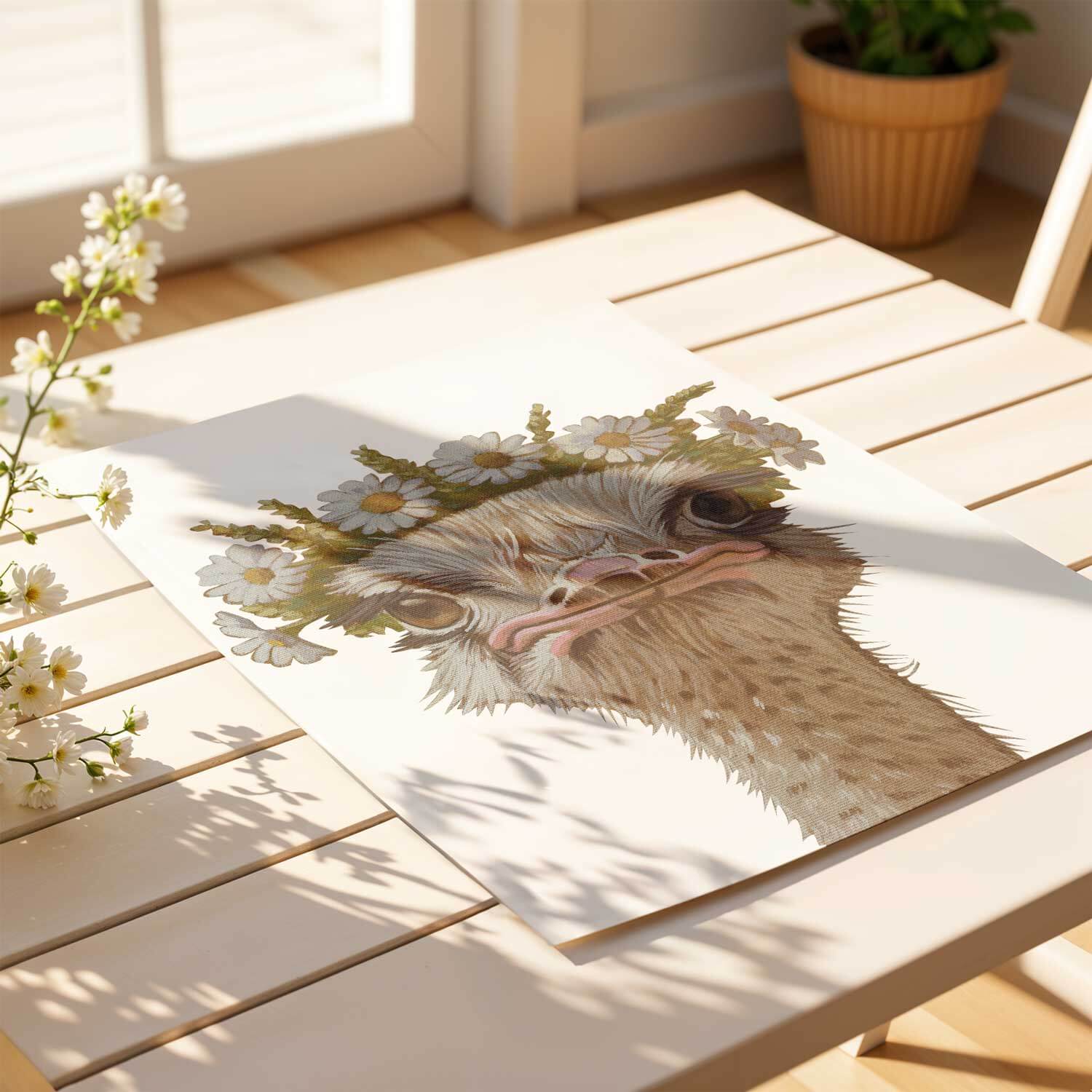 Blumenkind Nandu print featuring an ostrich with flower crown on eco-friendly paper, 20x20 cm and 25x30 cm options.