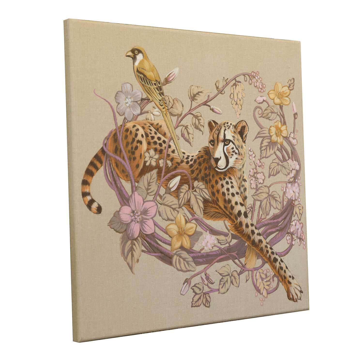 Handgemalte Acrylfarbe auf Leinwand, 50x50 cm, Gepard mit Vogel in eleganter Blumenkomposition.