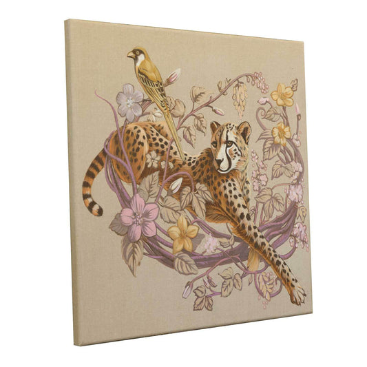 Handgemalte Acrylfarbe auf Leinwand, 50x50 cm, Gepard mit Vogel in eleganter Blumenkomposition.
