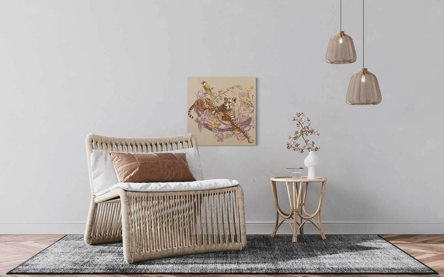 Original hand-painted acrylic artwork of a cheetah and bird, 50x50 cm, displayed in a modern interior.