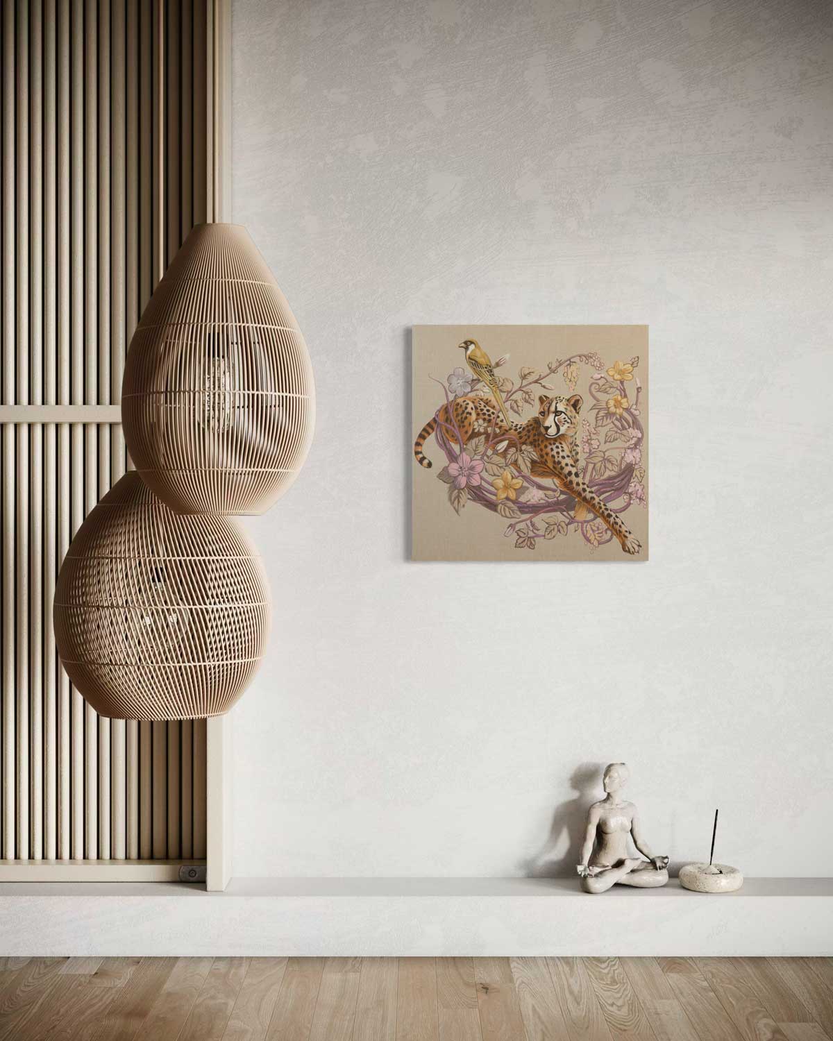 Handgemaltes Acrylbild mit Gepard und Vogel auf Leinwand, 50 x 50 cm, moderne Wohnraumdekoration.