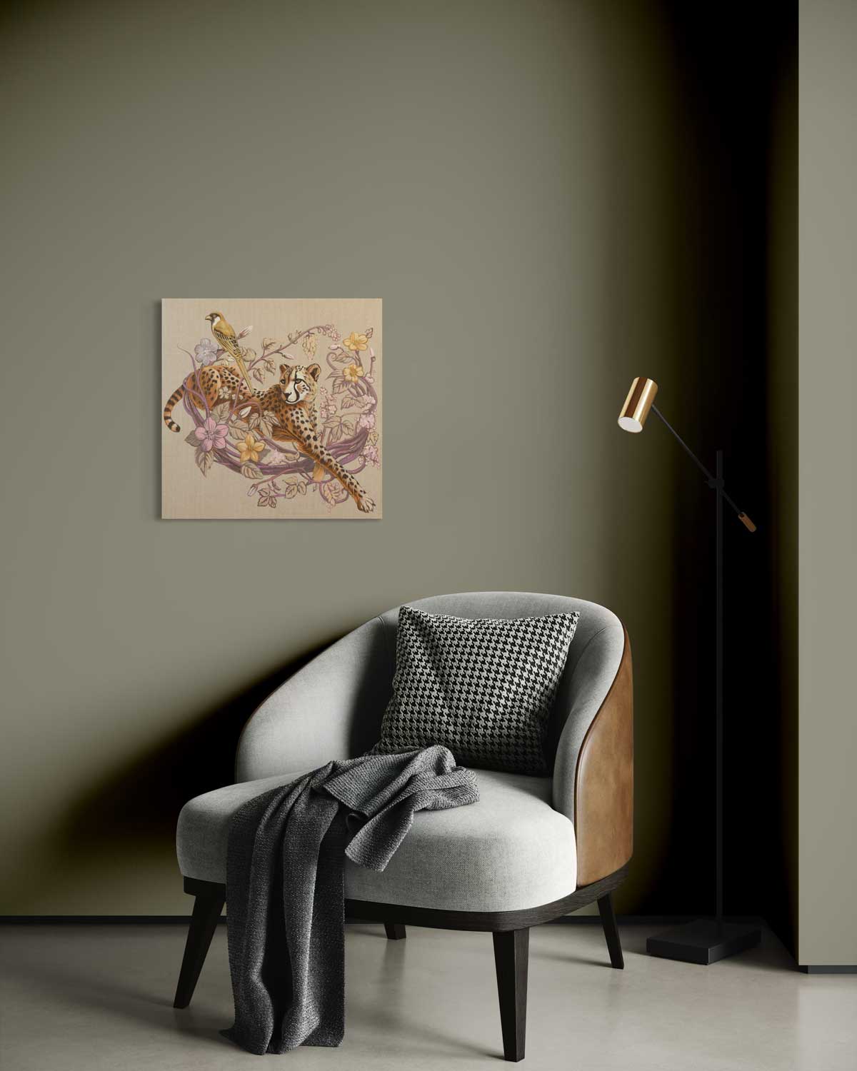 Original hand-painted acrylic artwork, 50x50cm, depicting a cheetah with a bird, modern and elegant decor.