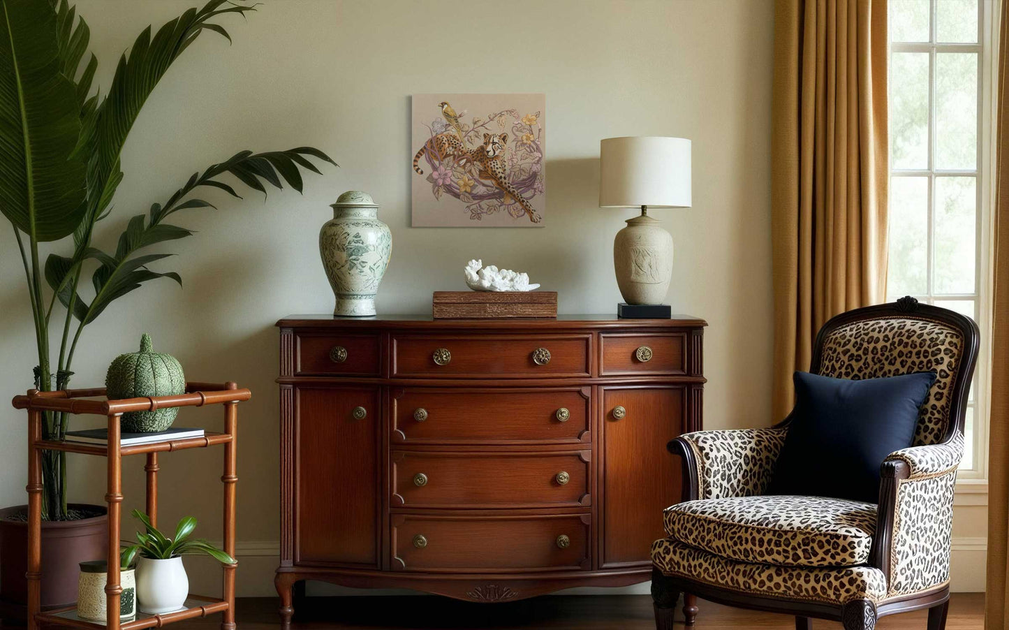 Elegant living room featuring a wood dresser, decorative lamp, and tropical plants with a stylish wall art piece.