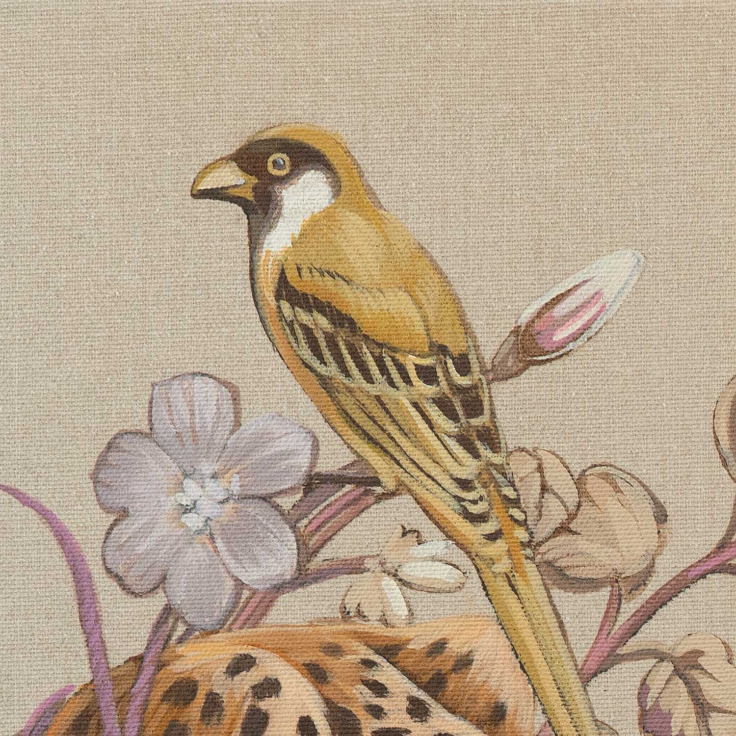 Handgemalte Acrylfarben Illustration eines Vogels mit Blumen, 50 x 50 cm, detailreiche Kunstarbeit auf Leinwand.