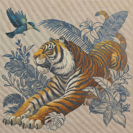 Handgemaltes Acrylbild eines Tigers mit einem Vogel im Boho-Stil, 50x50 cm Leinwand, zeitlos und elegant.