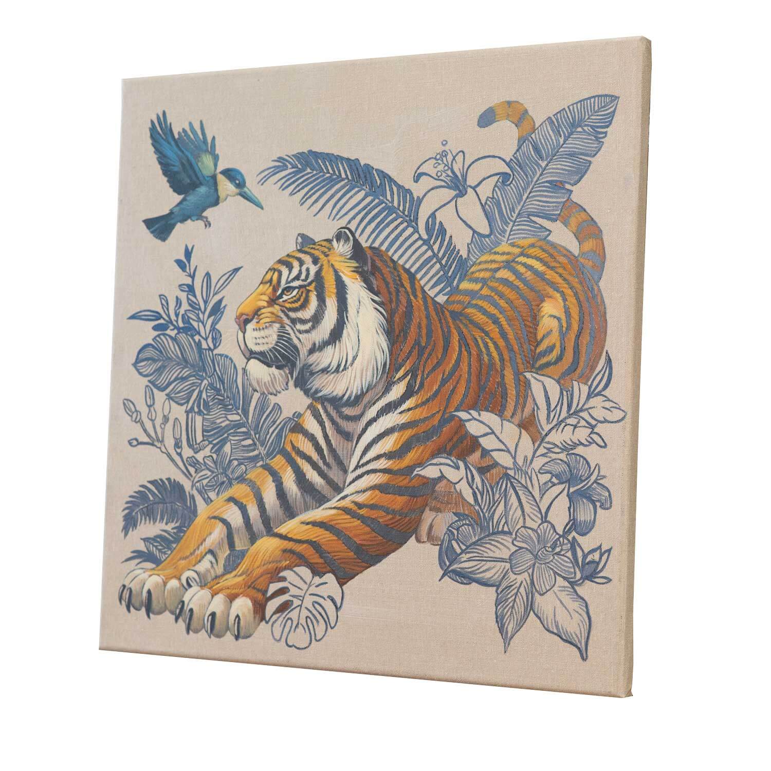 Handpainted tiger illustration on canvas, Boho style, 50x50 cm, Sumatra, colorful details, natural background.