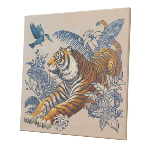 Handpainted tiger illustration on canvas, Boho style, 50x50 cm, Sumatra, colorful details, natural background.