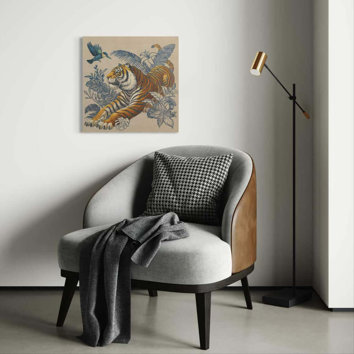 Handgemaltes Acrylbild 'Sumatra' zeigt einen Tiger im Boho-Stil, perfekt für elegante Wohnräume.