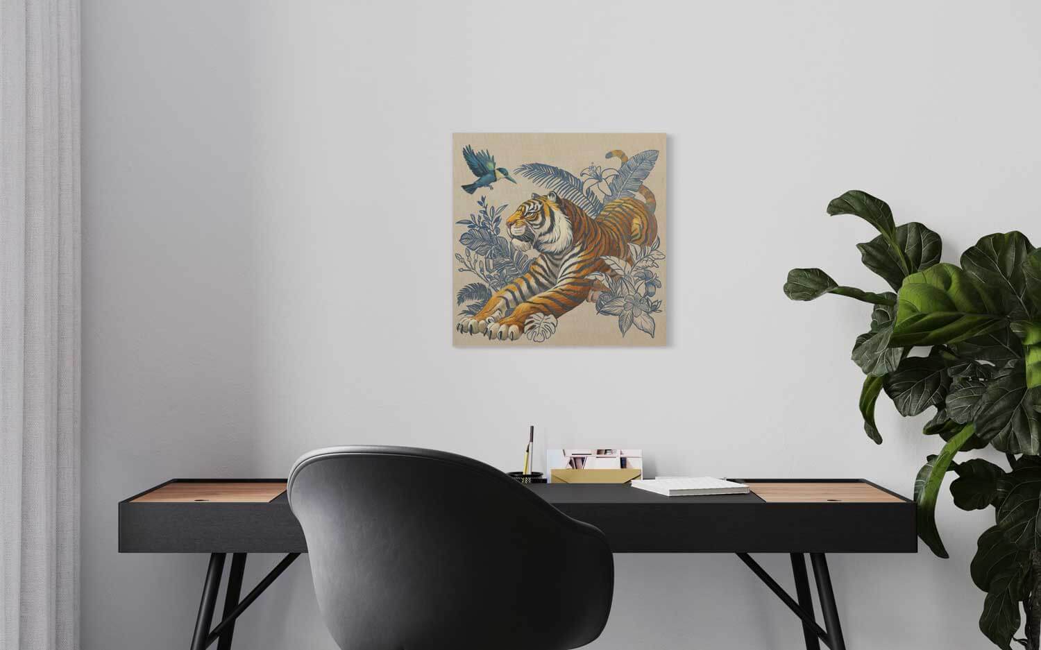 Original hand-painted tiger illustration on canvas in Boho style, 50 x 50 cm, featuring a natural background.