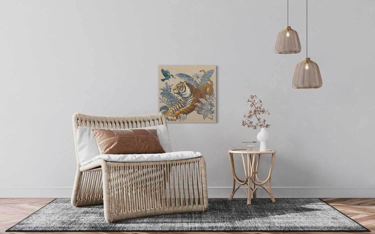 A cozy living room featuring a hand-painted acrylic artwork of a tiger, styled in elegant boho decor.