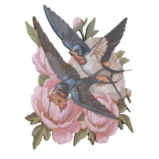 Hand-painted retro sign featuring swallows and flowers, 20x20 cm, high-quality acrylic on MDF.