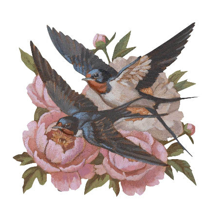 Hand-painted retro schild featuring swallows and pink flowers, measuring 20x20 cm, ideal for vintage decor.